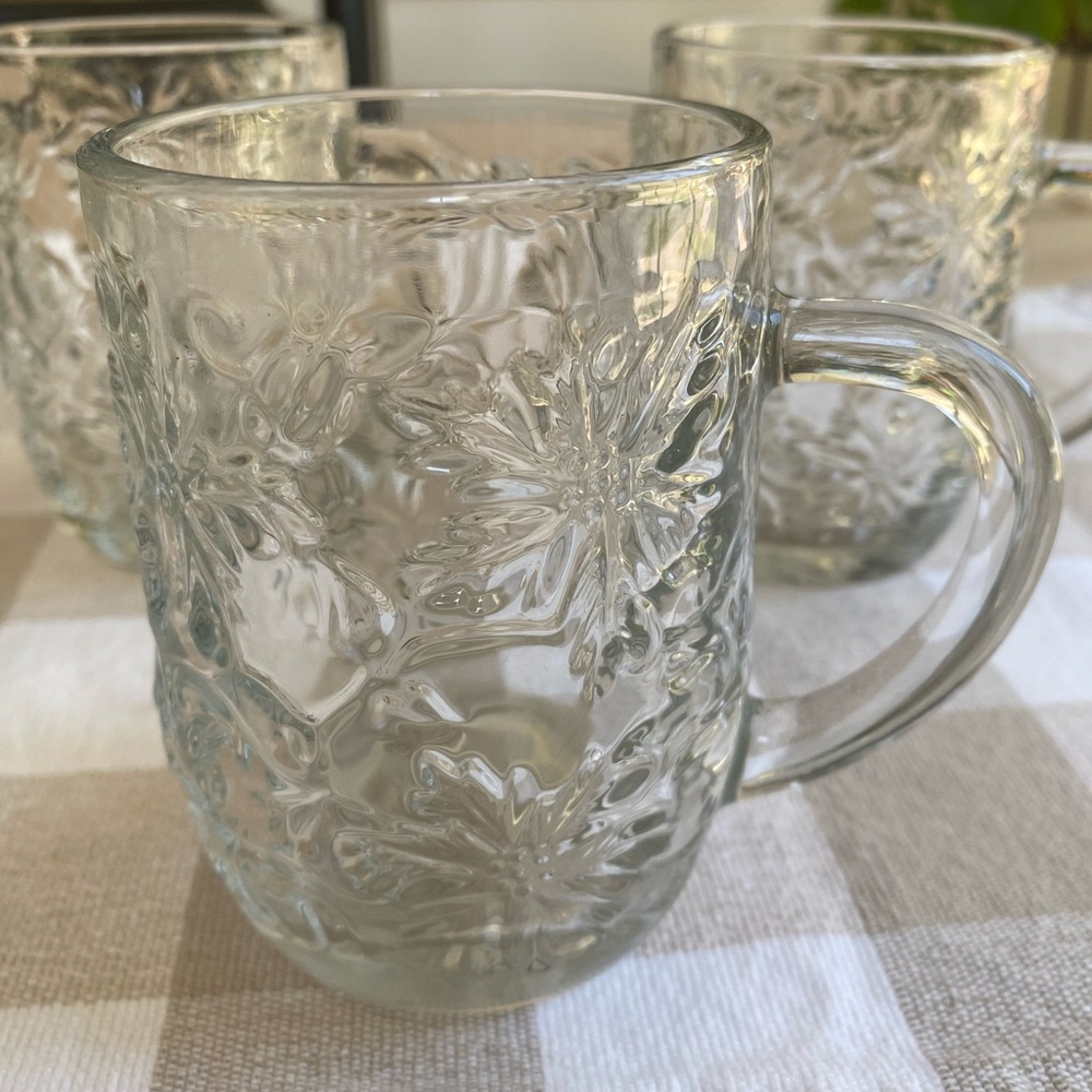 Vintage Princess House Fantasia Pressed Glass Mugs Floral Design Set of 3